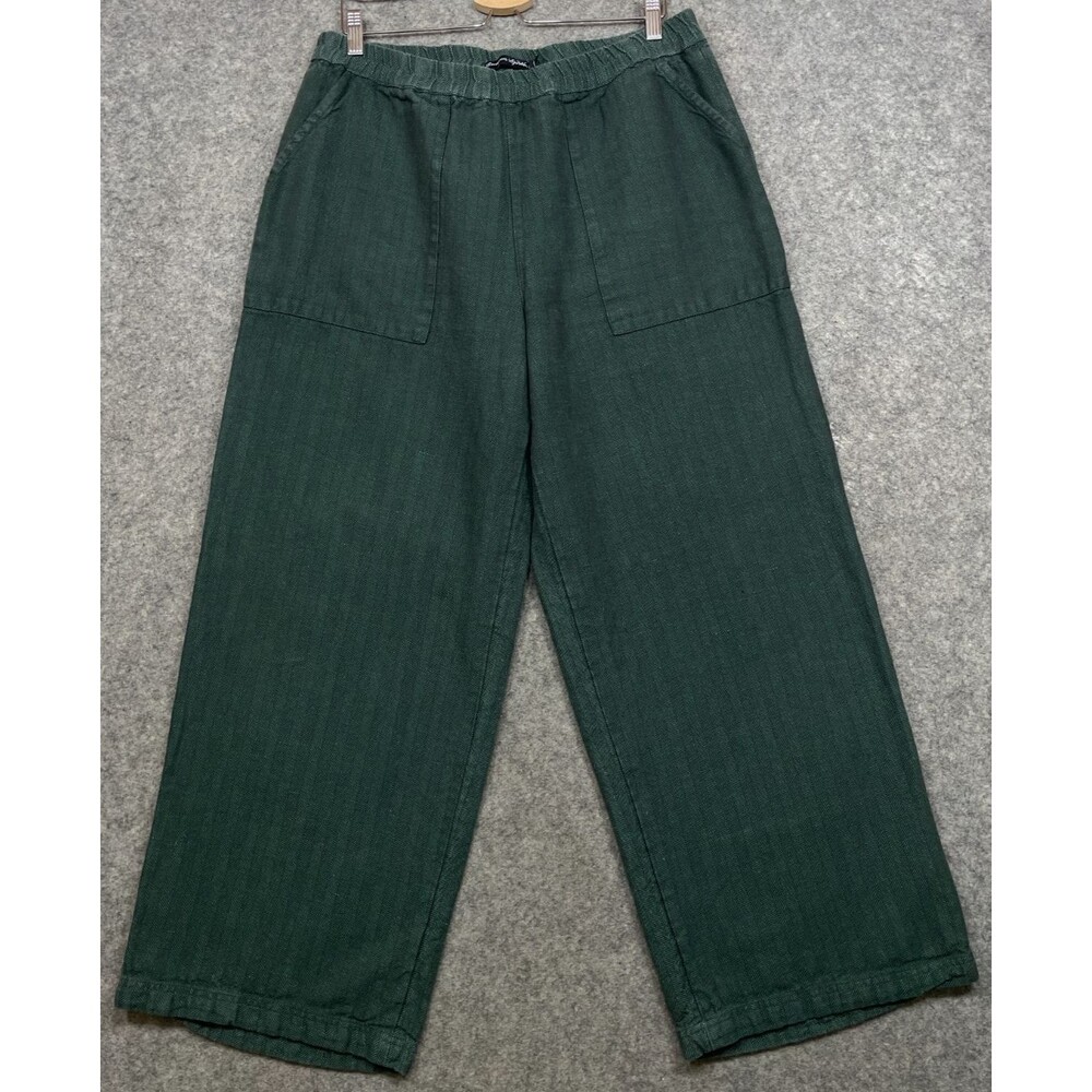 Gudrun Sjoden Wide Leg Pants Womens L Green Organic Cotton Linen Lagenlook